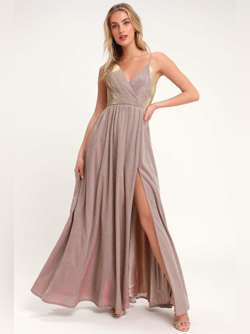 Lulus Alnair Iridescent Blush Glitter Maxi Dress size 2
